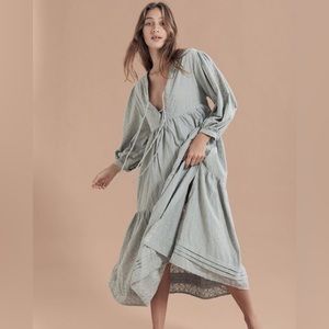 Opia Byron Bay Frida Embroidered Maxi Dress M/L in Dusty Blue Green